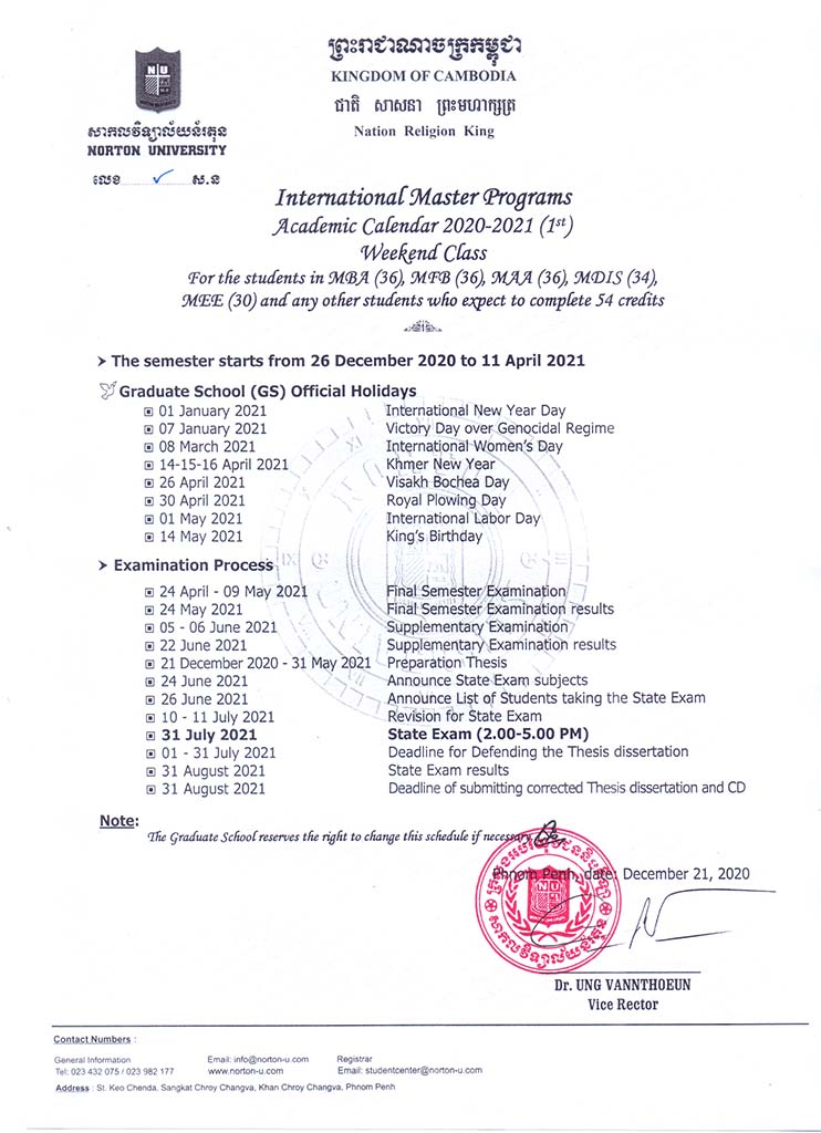 Ung Academic Calendar 2022 Academic Calendar 2020-2021 (1St) | Norton University (Nu)